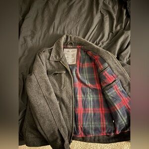 American Eagle Outfitters Charcoal Jacket with Red Plaid Lining